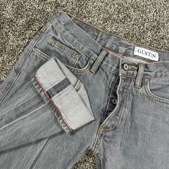 Gustin Raw Selvedge Denim Jeans Mens 31 California‎ Skinny Fit Gray Button Fly